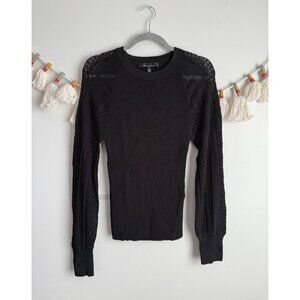 WHBM Pointelle Ribbed Knit Crochet Raglan Black Sweater Whimsigoth Layering L